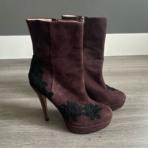 La Fenice Venezia Burgundy Suede Lace Appliqué Stiletto Boots | Made in Italy